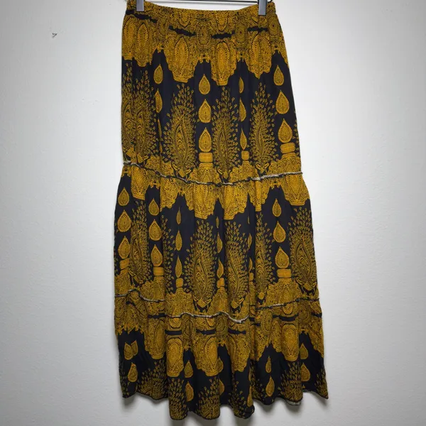 Women Witchy Boho Skirt Medium Black Yellow Paisley Tiered Maxi Artsy Whimsigoth - Image 4
