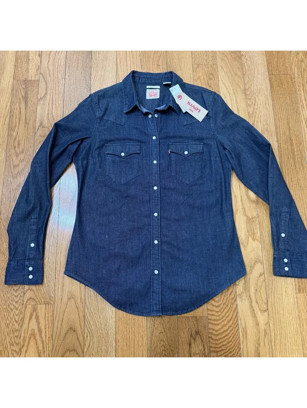 Size Medium Levi’s Womens Tailored Fit Dark Indigo Blue Denim Long Sleeve NWT - Image 5