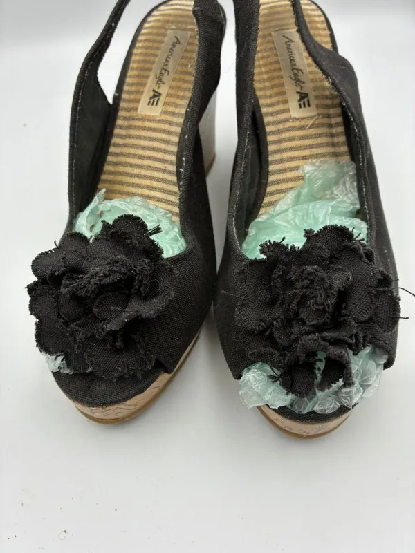 American Eagle Womens 6.5 Black Wedge Sandals Cork Heel Floral Toe Casual - Image 12