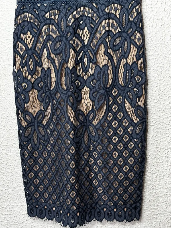 Lulu's Lovely Dusty Blue Lace Midi Dress with Nude Lining - Image 4