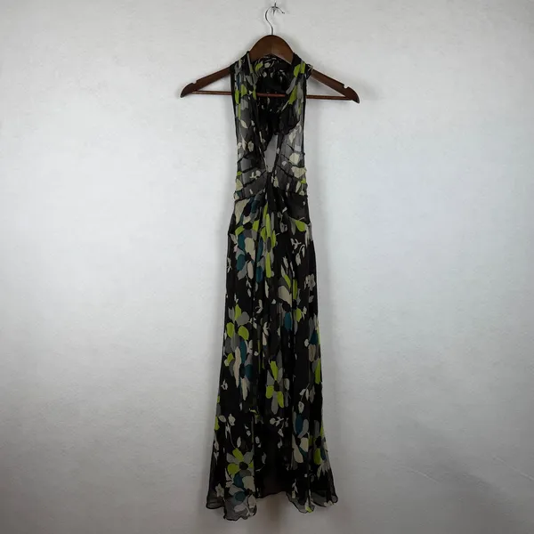 Carlisle Silk Halter Dress Womens 6 Brown Floral Handkerchief Hem Midi Wedding - Image 7