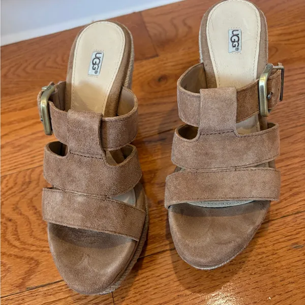 UGG Hedy Suede Wedge Slide Sandals Women’s 5.5 Brown - Image 5