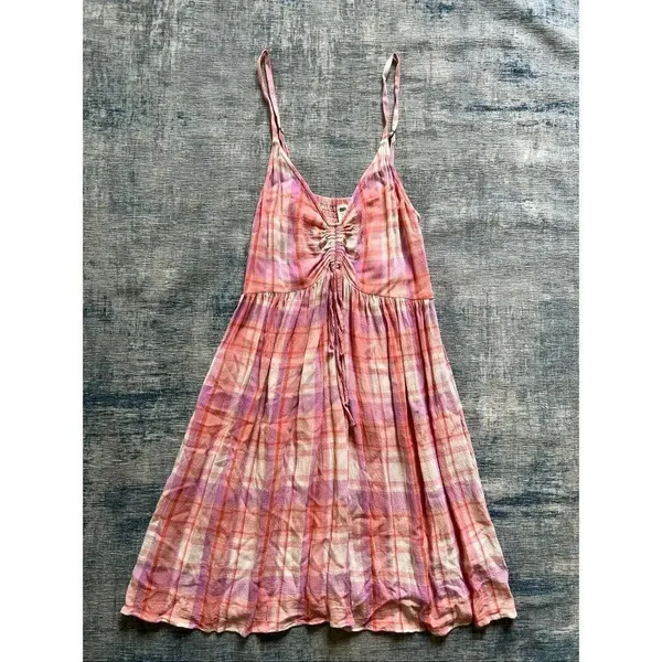 BP Peach Pink Cream Purple Plaid Strappy Summer Mini Dress XS - Image 3