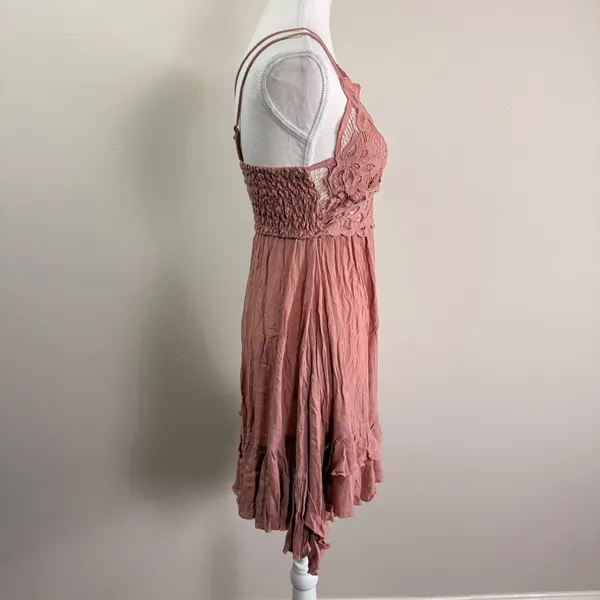 Free People FP One Adella Mini Dress Rose Pink Lace Boho Ruffle Smocked Medium - Image 2