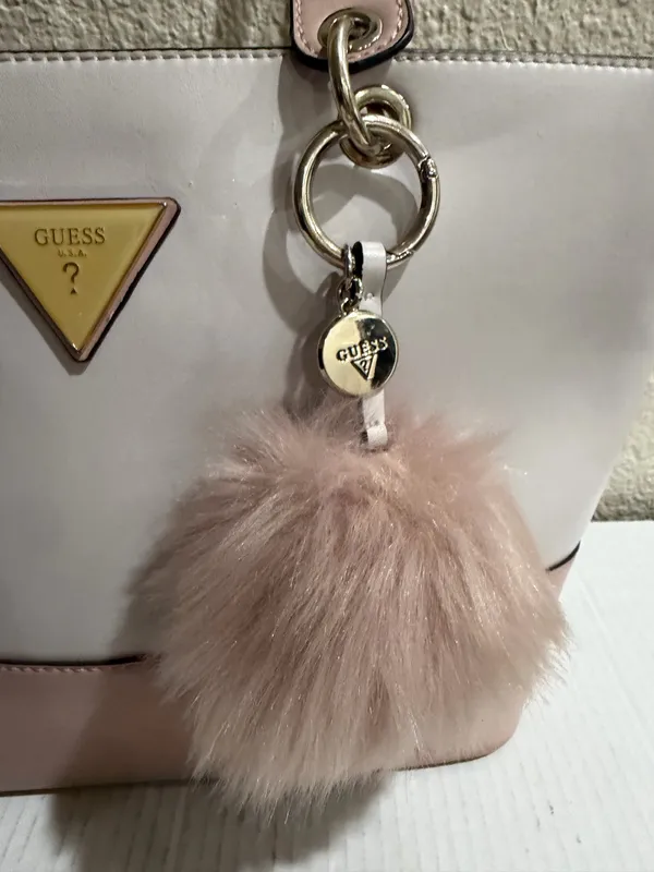 Guess Blush & Cream Colorblock Tote Bag Gold Logo Charm Pom Pom Large - Image 19