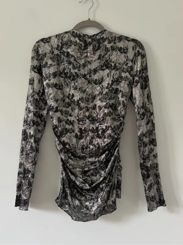 Isabel Marant Diego Floral Ruched Print Stretch Silk Blend Silver Black Top 36 - Image 7