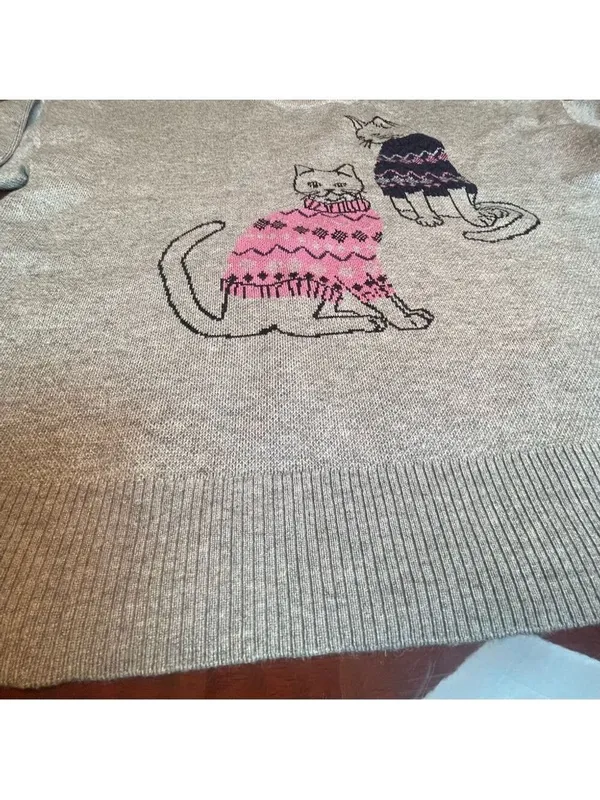 Beldini Double Knit Novelty Cat sweater from Grey kitties graphic design Sz L - Image 9