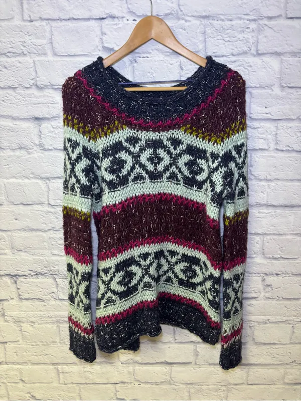 Free People Reed Fair Isle Print Chunk Knit Sweater Wool Linen Alpaca Medium - Image 3