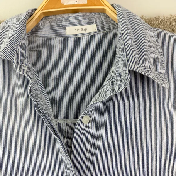 KikiShop Blue Pinstripe Shirt Dress Belted Coastal Grandma Minimalist Lagenlook - Image 4