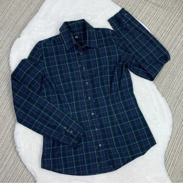 Tommy Hilfiger Plaid Ruffle Cuff Trim Button Front‎ Shirt Green Navy Medium - Image 15