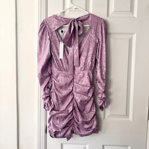 For Love & Lemons Fiji Lilac Purple Jacquard Floral Ruched Mini Dress XS NWT - Image 7