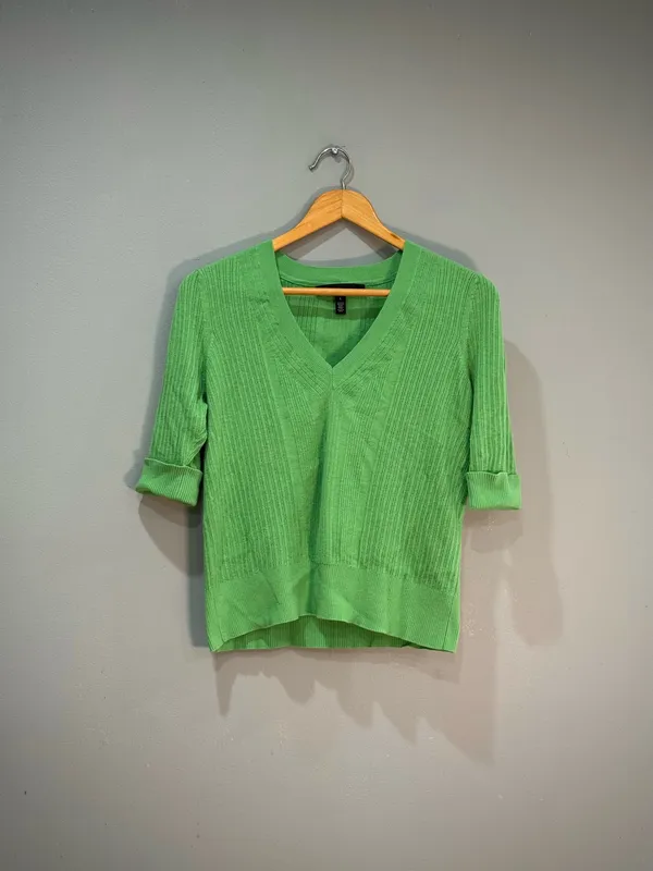 Green WHBM Knit V-Neck S/S Sweater Size L EUC - Image 3