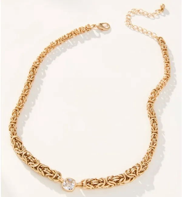 Gold Woven Metal Chain Necklace with Cubic Zirconia By Anthropologie NWT - Image 2