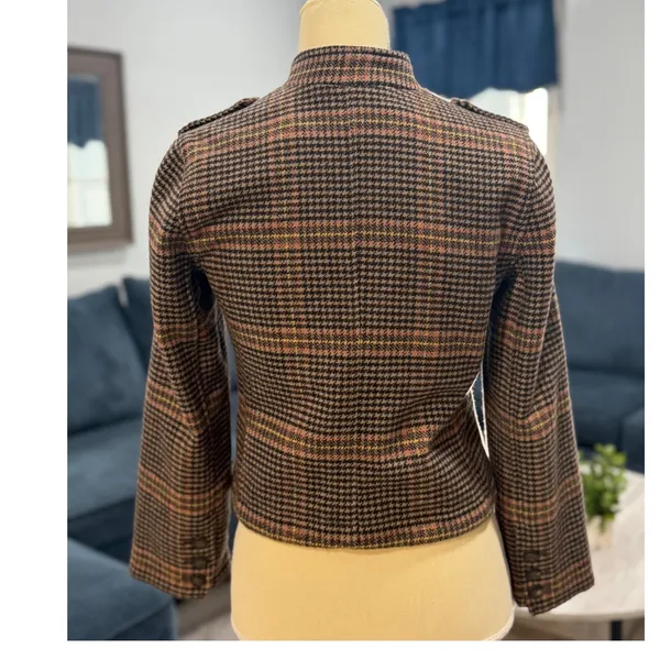 Hollister Brown Houndstooth Plaid Wool Blend Military Blazer Y2K Preppy academia - Image 4