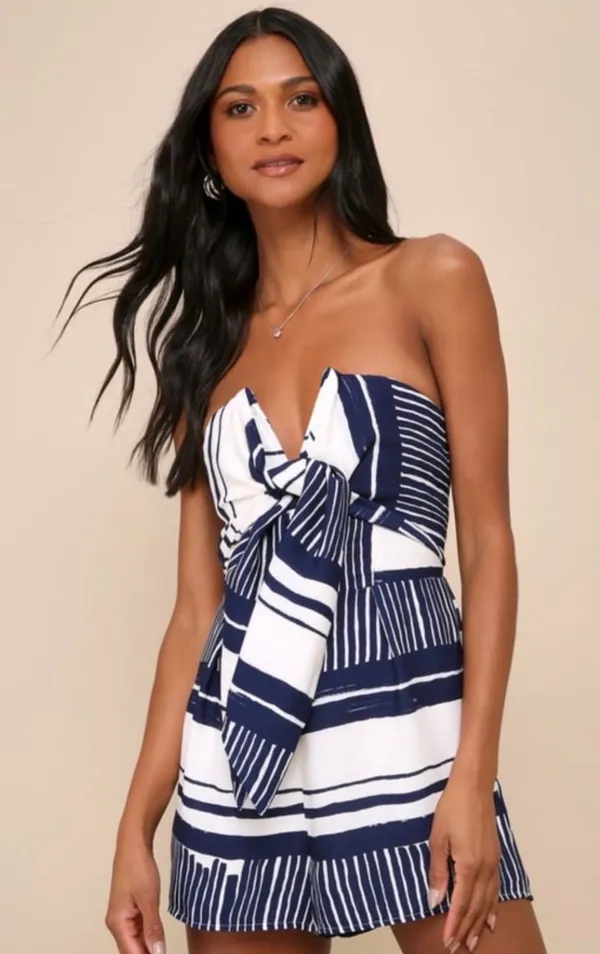 Lulu's Navy & White Strapless Tie-Front Romper - Image 2