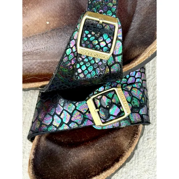 ⁠Birkenstock Madrid Black Metallic Python Snake Sandals Sz 38 Gold Buckle - Image 2