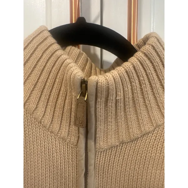 Lauren Ralph Lauren Tan Cotton Full Zip Cardigan Sweater Ribbed Knit Womens L - Image 3