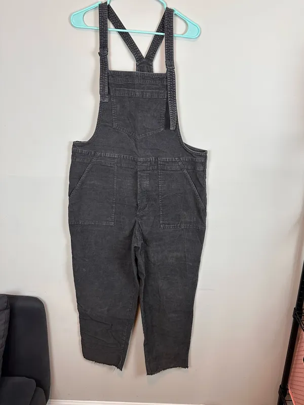 Aerie Corduroy Overalls Women Large Charcoal Gray Relaxed Straight Leg Raw Hem - Image 3
