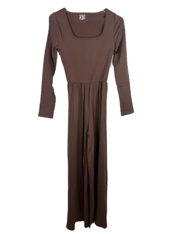 NEW OQQ Long Sleeve Square Neck Wide Leg Jumpsuit Dark Brown Size Medium M - Image 2