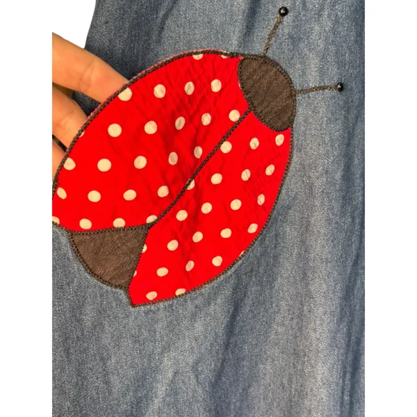 Vintage Ladybug Polka Dot Chambray Denim Dress Midi Cottagecore Medium Whimsical - Image 3