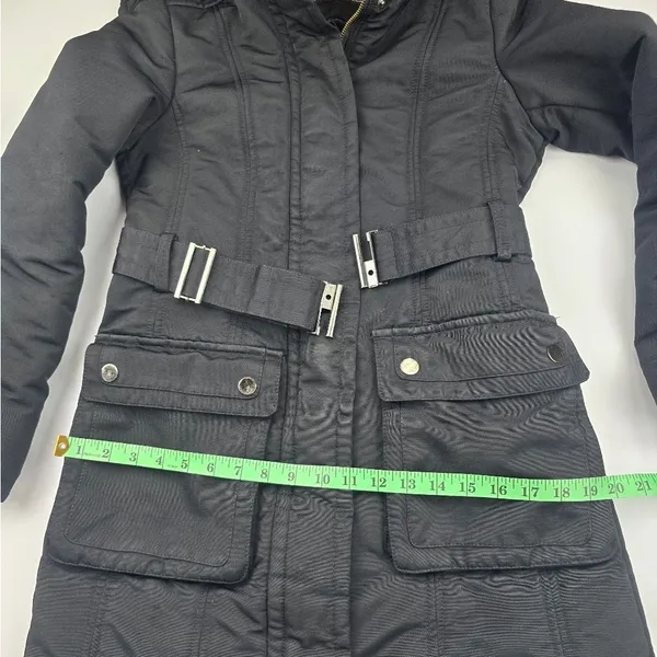Zara Basic Black‎ Snap Button Pockets Full Zip Belted Lined Hooded Jacket Size M - Image 9