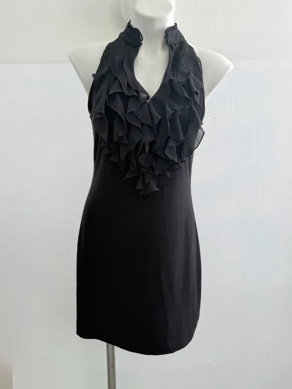 NEW White House Black Market Ruffle Halter Dress Black MEDIUM womens - Image 2