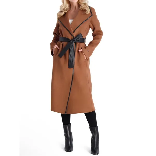 Tahari Wool Blend Faux Leather Trim Belted Coat Caramel Size Medium - Image 5