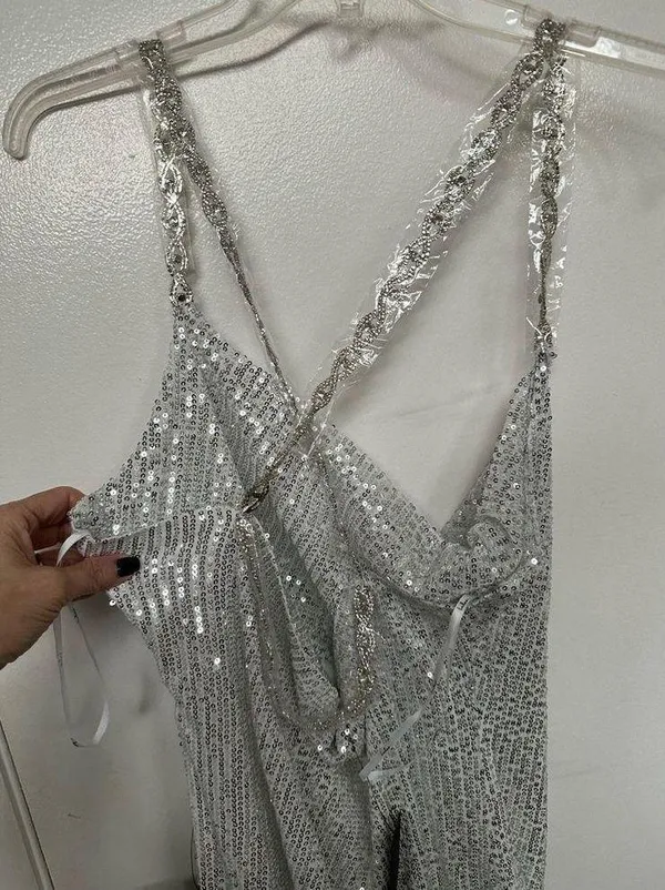 NWT Lulu's Famous Behavior Silver Sequin Cowl Neck Mini Dress Large New - Image 10
