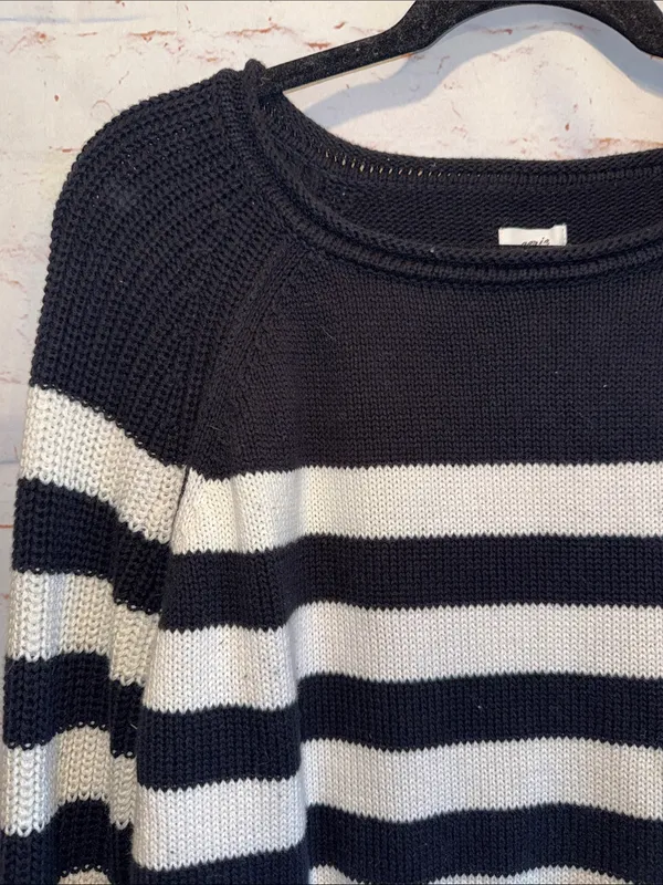 Aerie Black White Striped Crewneck Sweater chunky oversized xs pullover cotton - Image 2