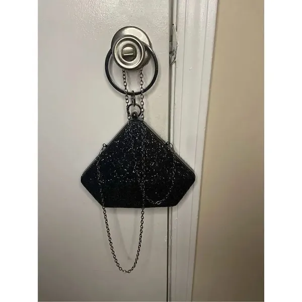 New Black Glitter Geometric Clutch With Round Handle/ Shoulder Strap - Image 6