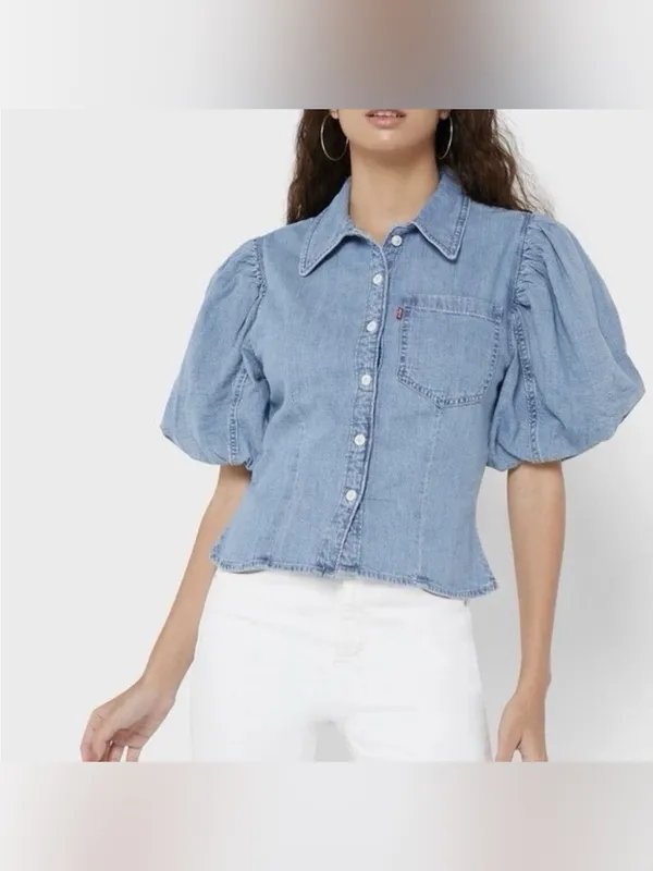 Levi's Blue Puff Sleeve Denim Button-Down Shirt - Image 6