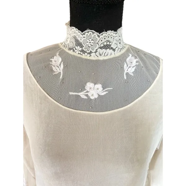 Sheer Lace High Neck Blouse Ivory Embroidered Korea Vintage Style Medium - Image 5