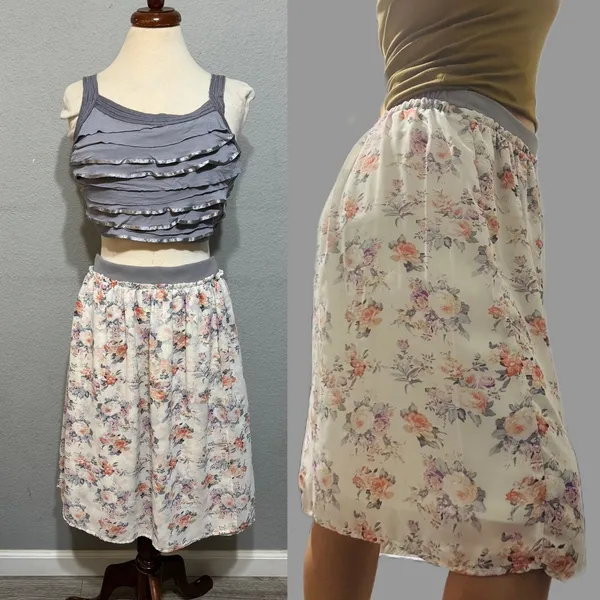 MIKAROSE Women Floral Chiffon Midi Skirt Gray‎ Waistband Ruffle Hem Size M - Image 16