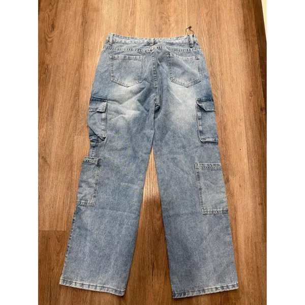 Womens Light Wash‎ Denim Cargo Pants Wide Leg Relaxed Fit - Image 3