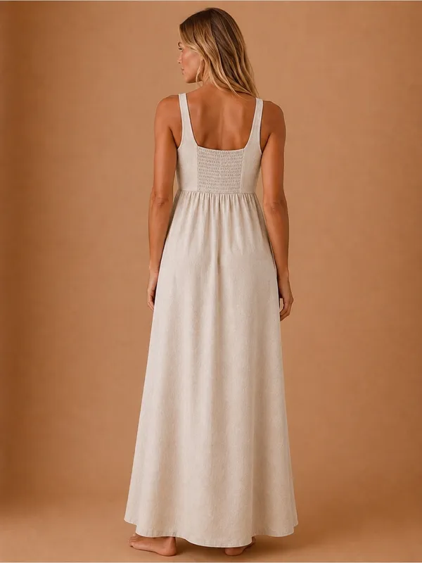Zara Oatmeal Flowy Linen Lyocell Maxi Dress Smocked Back Sleeveless Boho Coastal - Image 10