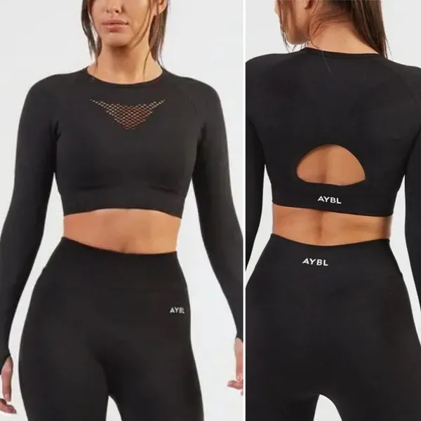 AYBL Black Motion Seamless Cropped Long Sleeve Gym Top Thumbholes‎ Cutout Back S - Image 2