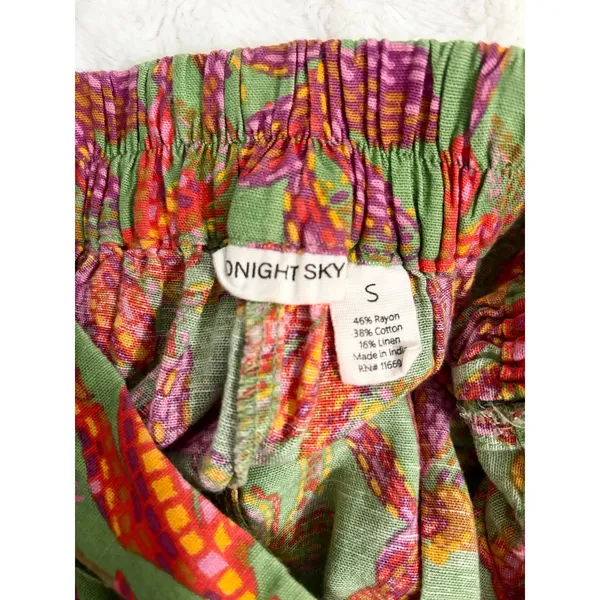 Midnight Sky Green Tropical Print Cotton Linen Blend Wide Leg Pull-on Pants S - Image 3