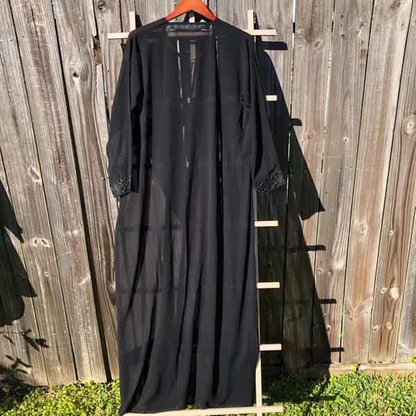 Abaya Black light weight Sheer Open Front Tie Front Size L - Image 8