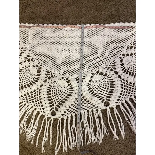 Vintage Pineapple Crochet Shawl Fringe Wrap Ivory Boho Festival One Size - Image 6