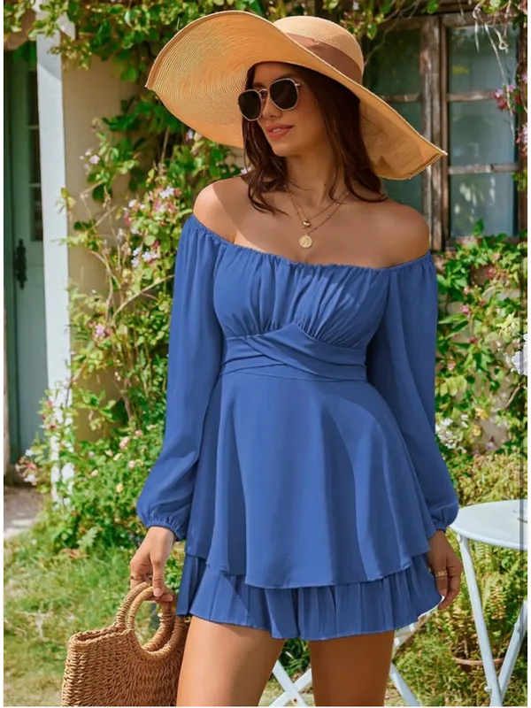 NEW Off Shoulder Shorts Romper Lantern Long Sleeve Ruffle Belted XL - Image 7