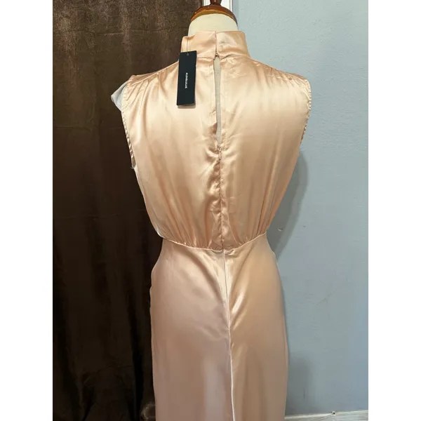New Lulus Maxi Dress S Champagne Satin Mock Neck Sleeveless Side Slit Prom Gala‎ - Image 6