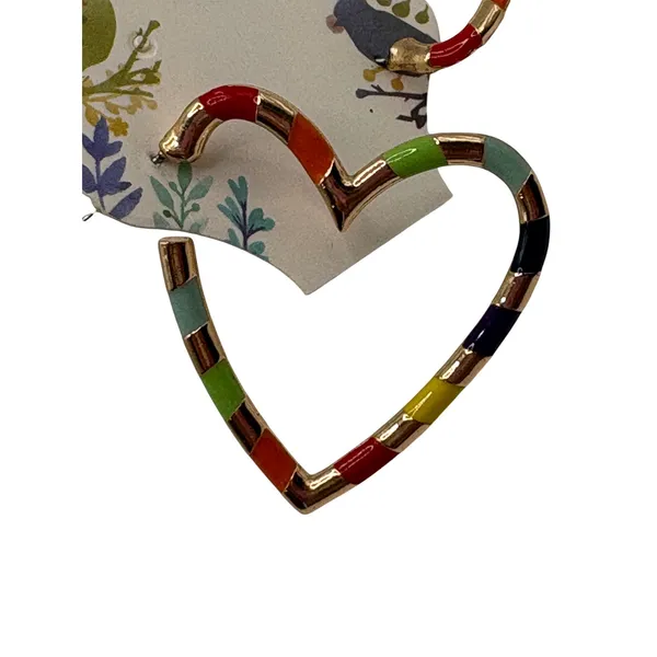 Gold‎ Tone Rainbow Enamel Striped Heart Hoop Earrings Pierced Retro Dopamine - Image 2