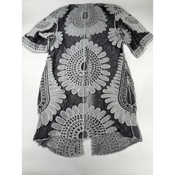 Ember Grey Black Floral Lace Mesh Kimono Cardigan Tie Front ST8449 NWT Medium - Image 2