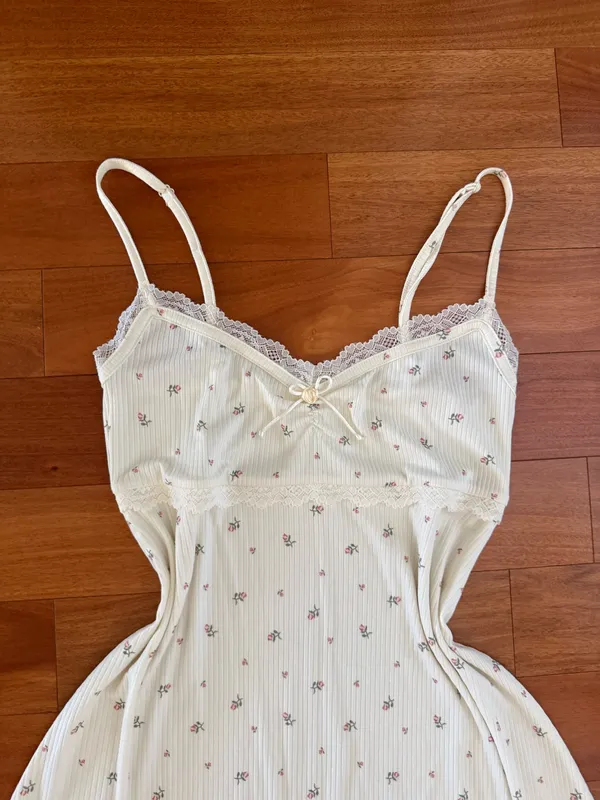 Coquette Dainty Cream Lace Trim Mini Floral Rosette Bow Mini Dress - Image 2