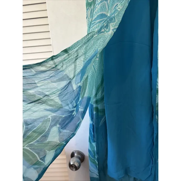 Phool Womens Blue Green Floral Stripe Sheer Tunic & Wide Leg Pant Set Rayon LG‎ - Image 3