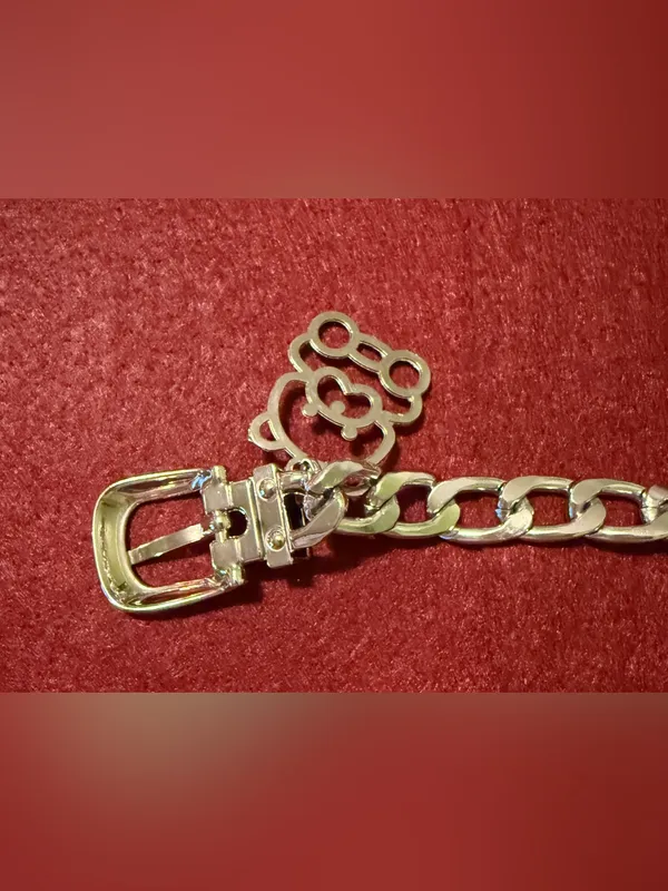 Silver High Polished Chunky Cuban Flat Chain Link Belt with Teddy Bear Charm - Image 4