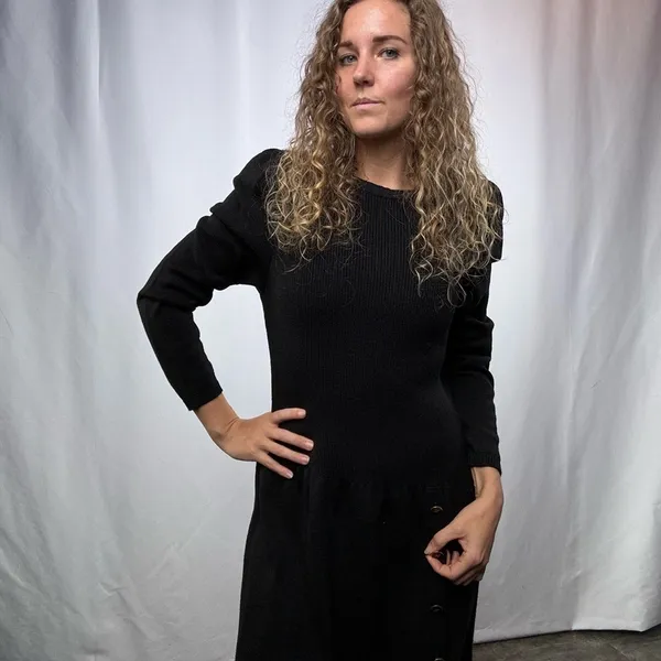 Vintage Tricots Shoulder Pad Long‎ Sleeve Midi Sweater Dress in Black Size Small - Image 5