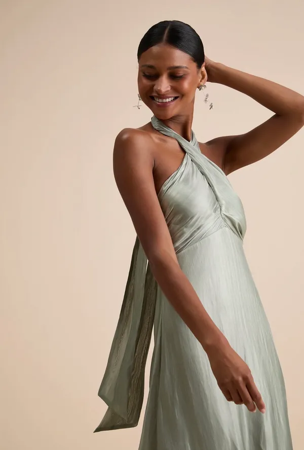 Lulus Canley Sage Satin Cross-Front Halter Maxi Dress - Image 3