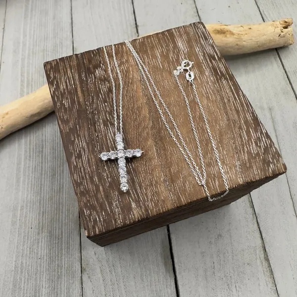Sterling Silver CZ Cross Necklace Silver - Image 3