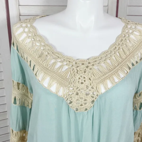 UMGEE Boho Peasant Crochet Fringe Hem Triangle Top‎ Teal Green Tan Large Hippie - Image 6